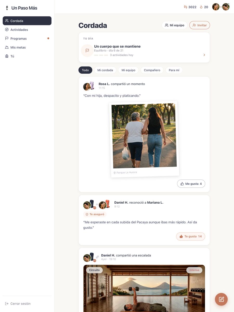 El muro de la cordada de Mariana: su pareja, su mamá y sus amigas se reconocen, comparten salidas y se dan me gusta.