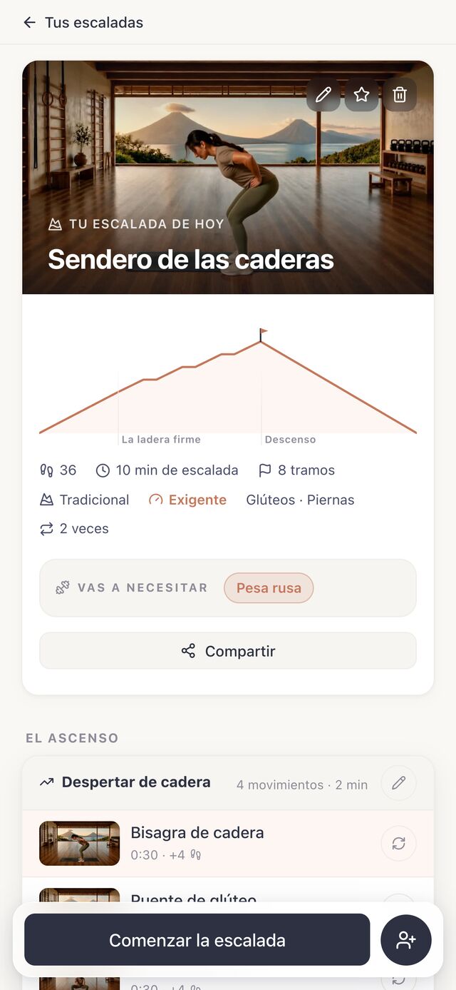 Cada escalada sube y baja como una montaña: calentamiento, tramos de esfuerzo y descenso, con el equipo que hace falta.