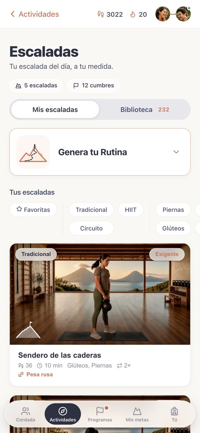Las escaladas: rutinas de ejercicio armadas a la medida de cada persona, más una biblioteca de más de 200 listas para hacer.
