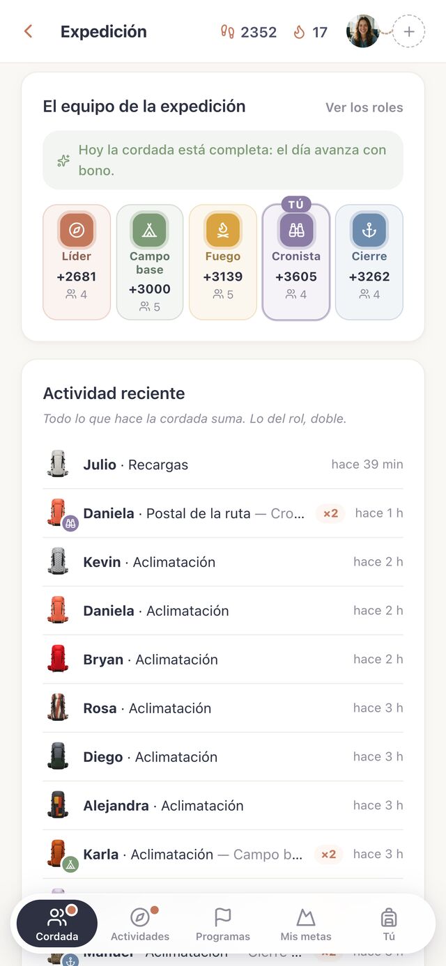 Cada quien elige un rol (líder, campo base, fuego, cronista, cierre) y la actividad de todos empuja la marcha en vivo.