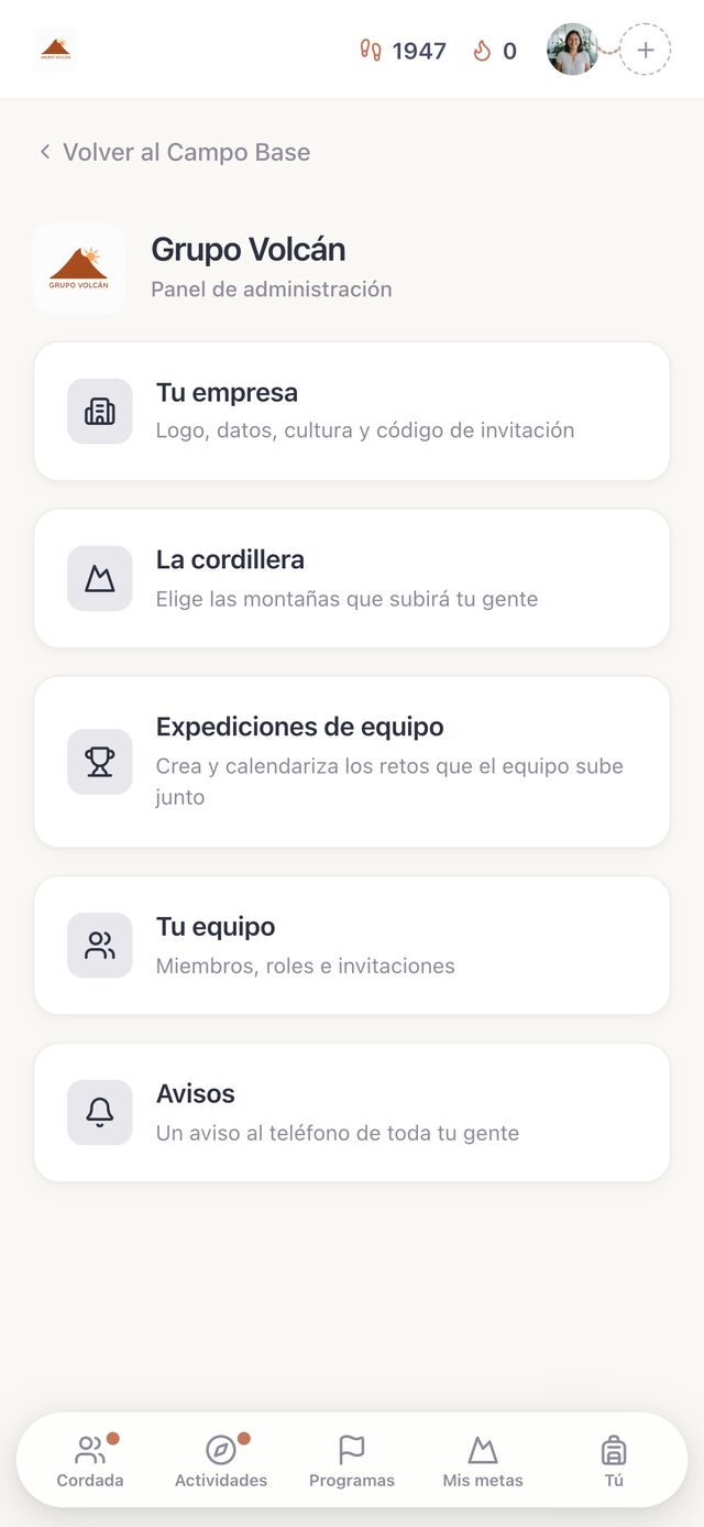 El panel de administración: la marca de la empresa, la cordillera, las expediciones, el equipo y los avisos.