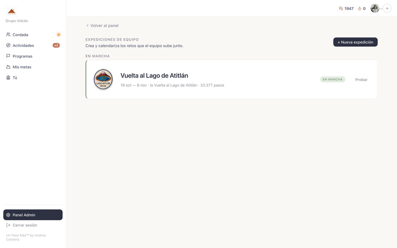Las expediciones de equipo se crean y calendarizan desde el panel: ruta, fechas y meta de pasos.
