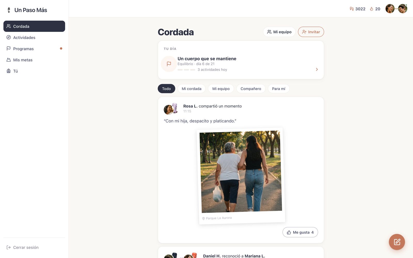 El muro de la cordada de Mariana: su pareja, su mamá y sus amigas se reconocen, comparten salidas y se dan me gusta.